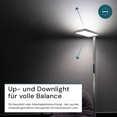LED Büro-Stehleuchte, Up/Down, in Grau, 100 W, 7000 lm, 4000 K (neutralweiß), UGR<16, CRI98, dimmbar, RG0, Bridgelux LED, Arbeitsplatzleuchte.