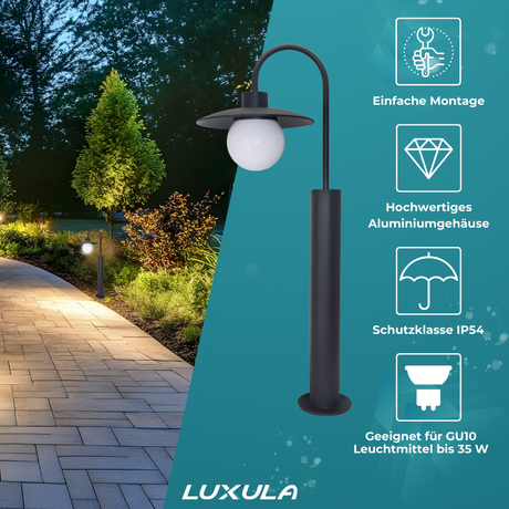 4er-Pack Elegante Wegeleuchte, schwarz, E27 Fassung, IP44, Aluminium, mit Erdspieß, Höhe 65 cm.