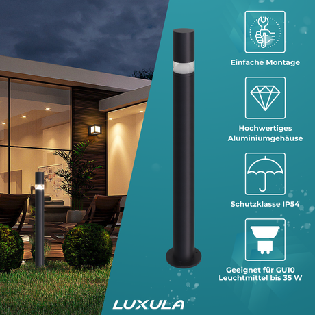 Wegeleuchte mit 360° Lichtkegel, schwarz, GU10 Fassung, IP44, Aluminium, mit Erdspieß, Höhe 63 cm.