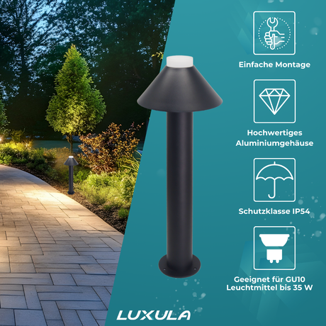 4er-Pack Stilvolle Wegeleuchte, schwarz, GU10 Fassung, IP44, Aluminium, mit Erdspieß, Höhe 60 cm.