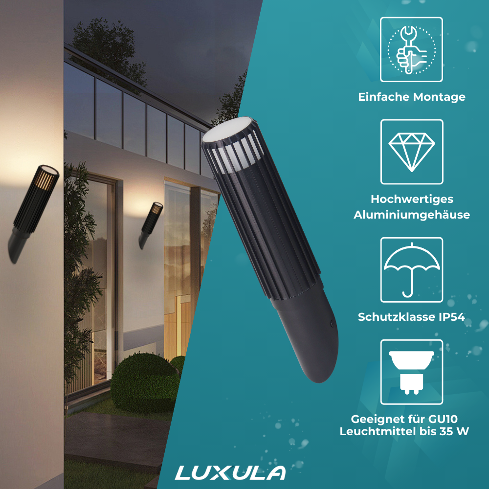 2er-Pack Moderne Wandleuchte Innen/Außen, schwarz, GU10 Fassung, IP44, Aluminium.