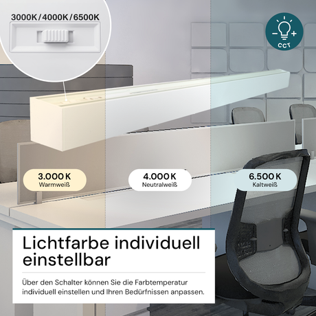 LED Büro-/Tresenleuchte, in Weiß, 120 cm, 40W, 4800 lm, 3000-6500 K (CCT), EAGLERISE Netzteil.