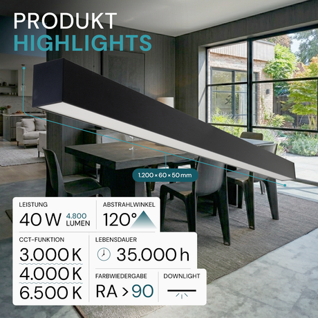 LED Büro-/Tresenleuchte, in Schwarz, 120 cm, 40W, 4800 lm, 3000-6500 K (CCT), EAGLERISE Netzteil.