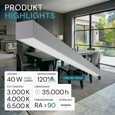 LED Büro-/Tresenleuchte, in Grau, 120 cm, 40W, 4800 lm, 3000-6500 K (CCT), EAGLERISE Netzteil
