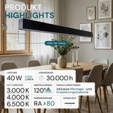 LED Büro-/Tresenleuchte, in Schwarz, 120 cm, 40 W, 4000 lm, 3000-6500 K (CCT), LIFUD Netzteil, erweiterbar, Aluminium