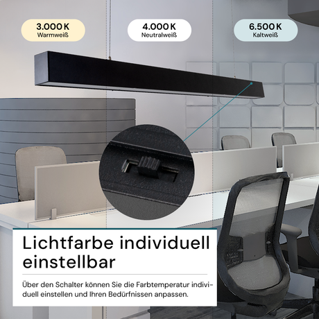 LED Büro-/Tresenleuchte, in Schwarz, 120 cm, 40 W, 4000 lm, 3000-6500 K (CCT), LIFUD Netzteil, erweiterbar, Aluminium