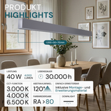 LED Büro-/Tresenleuchte, in Grau, 120 cm, 40 W, 4000 lm, 3000-6500 K (CCT), LIFUD Netzteil, erweiterbar, Aluminium