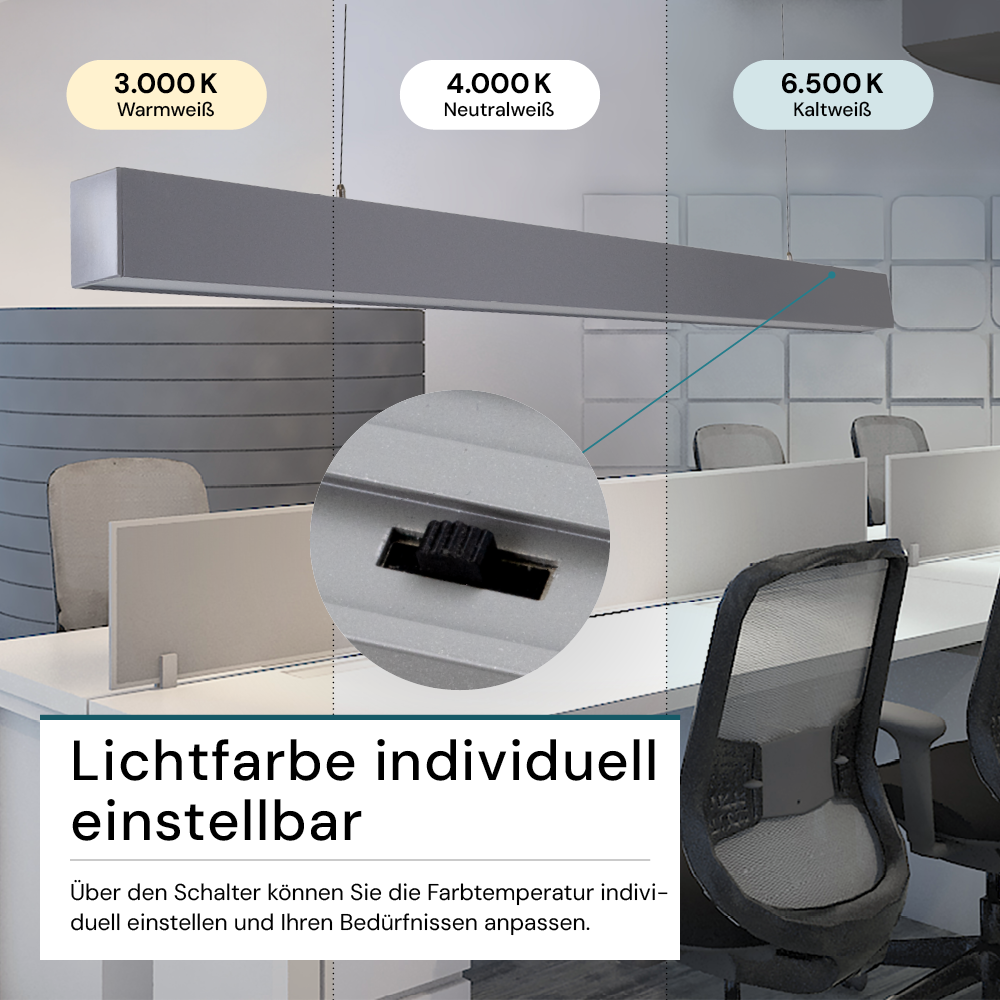 LED Büro-/Tresenleuchte, in Grau, 120 cm, 40 W, 4000 lm, 3000-6500 K (CCT), LIFUD Netzteil, erweiterbar, Aluminium