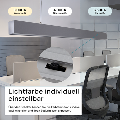 LED Büro-/Tresenleuchte, in Grau, 120 cm, 40 W, 4000 lm, 3000-6500 K (CCT), LIFUD Netzteil, erweiterbar, Aluminium