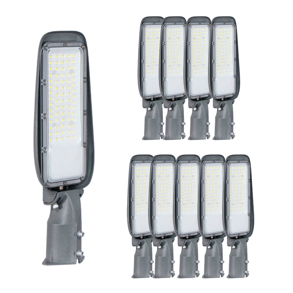 10er Pack LED Straßenleuchte, 150 W, 4500 K (neutralweiß), 15000 lm, grau, IP65, Wand- und Mastmontage.