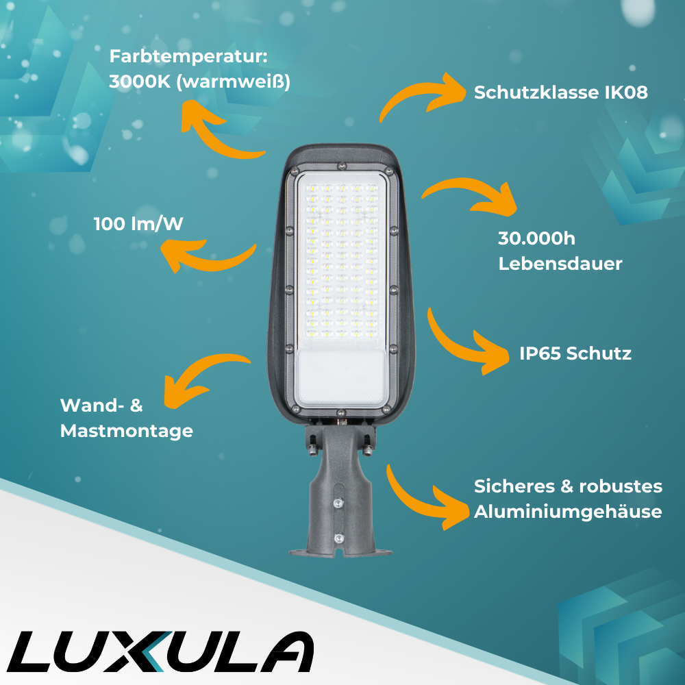 20er Pack LED Straßenleuchte, 50 W, 3000 K (warmweiß), 5000 lm, grau, IP65, Wand- und Mastmontage.