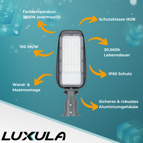 2er Pack LED Straßenleuchte, 100 W, 3000 K (warmweiß), 10000 lm, grau, IP65, Wand- und Mastmontage.