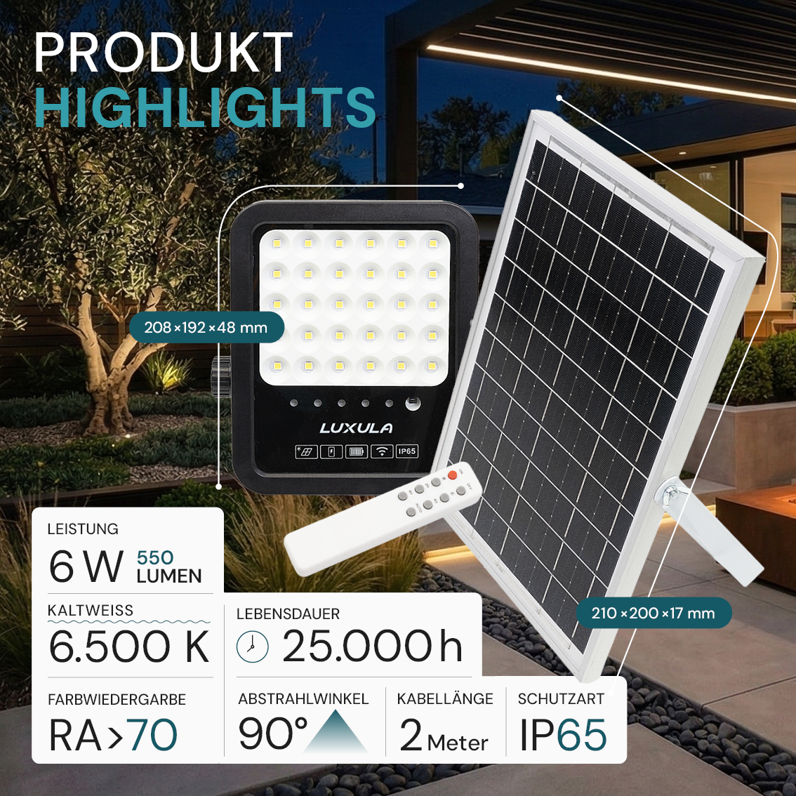 Solarstrahler, LED-Fluter, Solar mit Akku, 6W, 550lm, 6500K, IP65, schwarz.