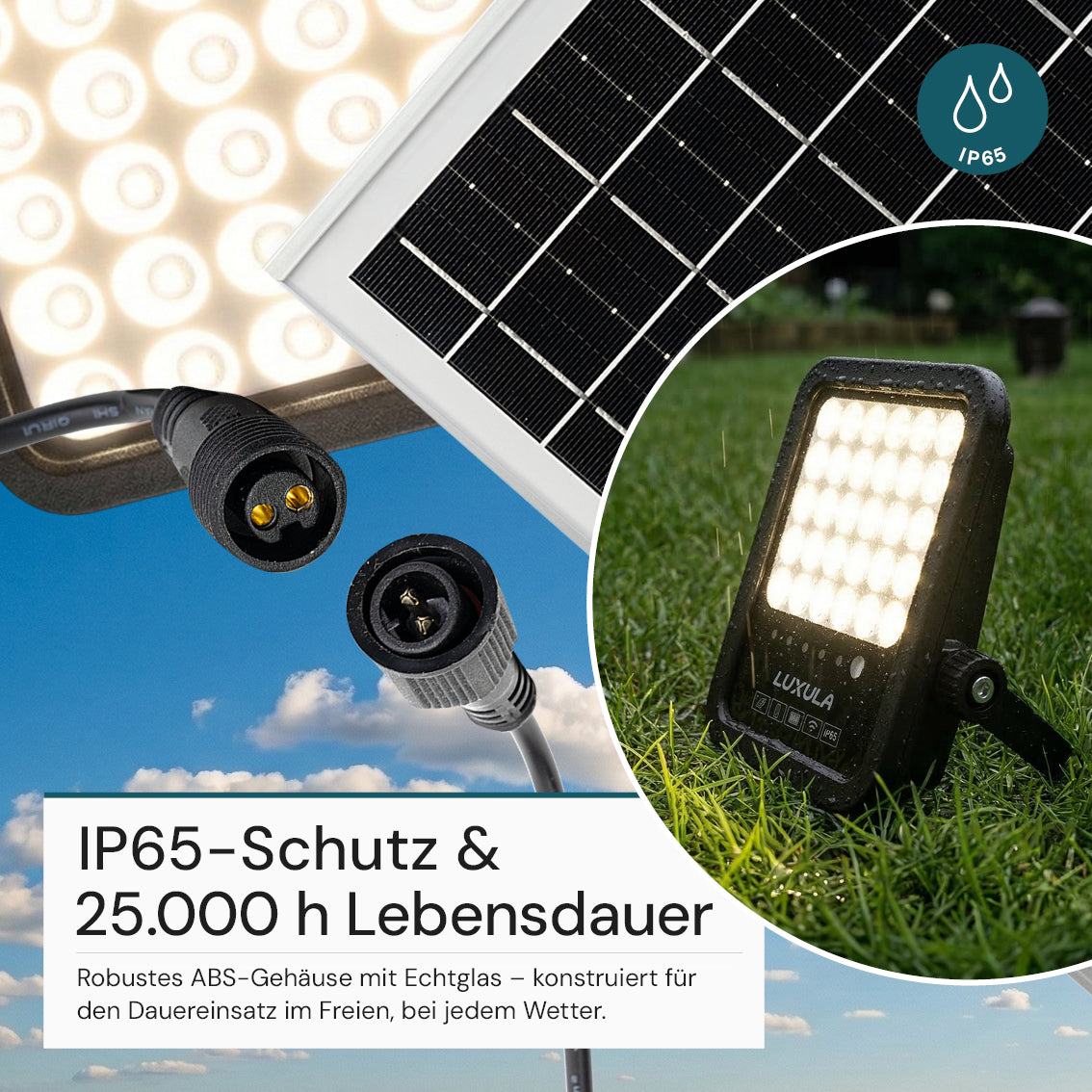 Solarstrahler, LED-Fluter, Solar mit Akku, 15W, 1650lm, 6500K, IP65, schwarz.