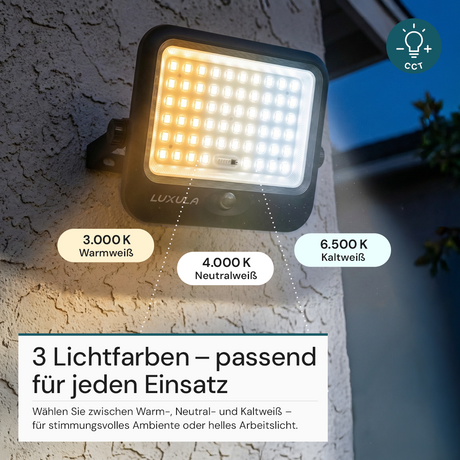 Solarstrahler, LED-Fluter, Solar mit Akku, PIR, 8W, 1600lm, 3CCT, IP65, schwarz.