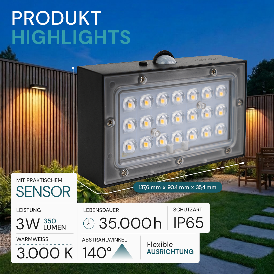 Solar LED Wandleuchte Up/Down, PIR-Sensor, IP65, warmweiß (3000 K), mit Akku