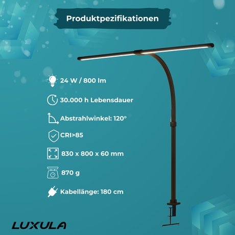 LED-Schreibtischlampe, Doppelkopf, in Schwarz, dimmbar, 5 Farbtemperaturstufen, 24 W, 800 lm, klemm- und verstellbare Monitorlampe.