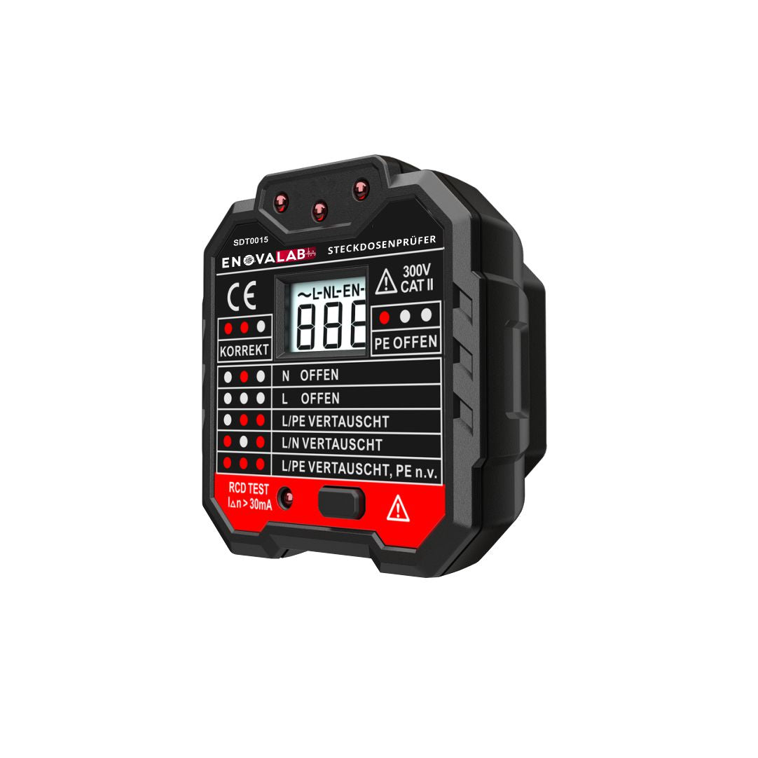 Steckdosentester mit RCD-Prüfung und LCD.