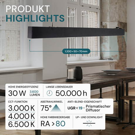3er-Pack LED Büro-/Tresenleuchte Up&Down, schwarz, 120 cm, 30 W, 3600 lm, UGR<19, 3000-6500 K (CCT), LIFUD Netzteil, erweiterbar, Aluminium.