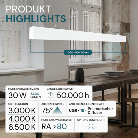 6er-Pack LED Büro-/Tresenleuchte Up&Down, weiß, 120 cm, 30 W, 3600 lm, UGR<19, 3000-6500 K (CCT), LIFUD Netzteil, erweiterbar, Aluminium.
