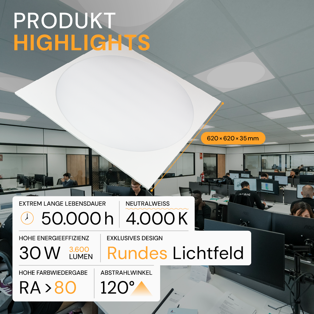 5er Pack LED-Panel mit runder Leuchtfläche, 62x62 cm, 30 W, 3600 lm, 4000 K (neutralweiß), Lifud Netzteil.