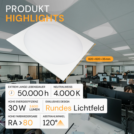 5er Pack LED-Panel mit runder Leuchtfläche, 62x62 cm, 30 W, 3600 lm, 4000 K (neutralweiß), Lifud Netzteil.