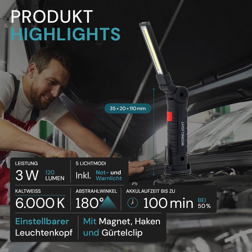 LED-Arbeitsleuchte mit Akku, 5 Lichtmodi, 11 cm, mit Magnet und Haken, USB-aufladbar, drehbare Taschenlampe, Inspektionsleuchte.