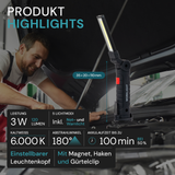 LED-Arbeitsleuchte mit Akku, 5 Lichtmodi, 11 cm, mit Magnet und Haken, USB-aufladbar, drehbare Taschenlampe, Inspektionsleuchte.