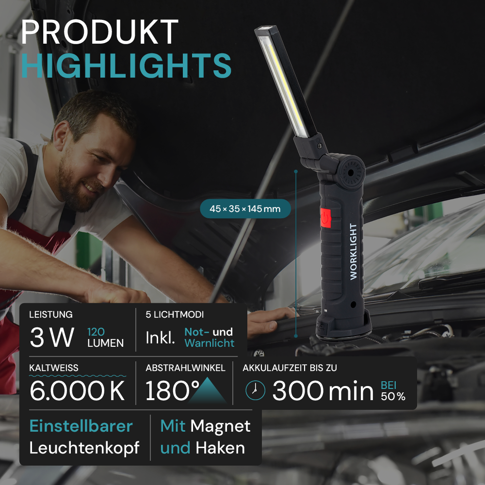 LED-Arbeitsleuchte mit Akku, 5 Lichtmodi, 14 cm, mit Magnet und Haken, USB-aufladbar, drehbare Taschenlampe, Inspektionsleuchte.