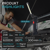 LED-Arbeitsleuchte mit Akku, 5 Lichtmodi, 14 cm, mit Magnet und Haken, USB-aufladbar, drehbare Taschenlampe, Inspektionsleuchte.