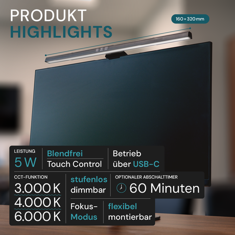 Monitor Lampe in Schwarz, Touch Control, 50 cm, 5 W Leistung, Lichtfarbe und Helligkeit einstellbar, Bildschirmlampe.