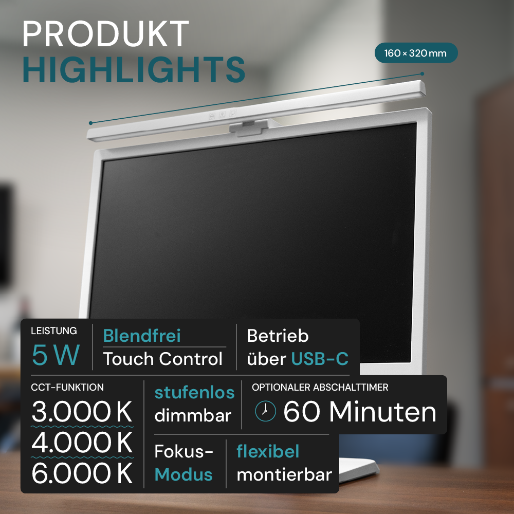 Monitor Lampe in Weiß, Touch Control, 50 cm, 5 W Leistung, Lichtfarbe und Helligkeit einstellbar, Bildschirmlampe.
