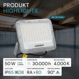 LED-Fluter, 50 W, 4000 K (neutralweiß), 6500 lm, grau, IP65.