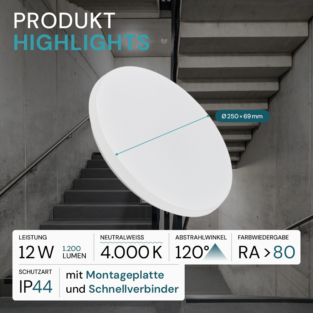 3er-Pack LED Deckenlampe, rund, 12 W, 1200 lm, 4000 K (neutralweiß), Ø25 cm, IP44-wassergeschützt, Quick Connector, moderne Leuchte, Badezimmer Lampe.