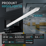LED Feuchtraumleuchte, 60 cm, 18 W, 2160 lm, 4000 K (neutralweiß), IP65, IK06, durchschleifbar, mit Quick Connector.