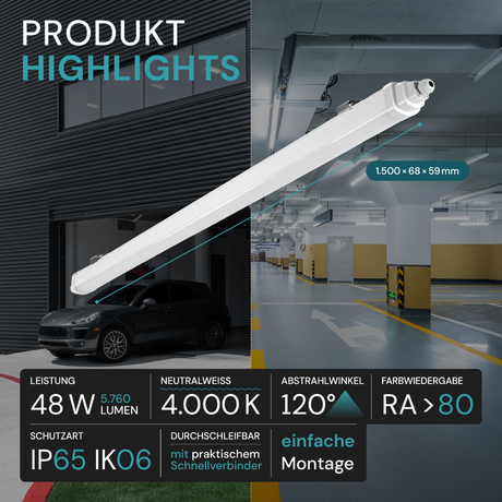 LED Feuchtraumleuchte, 150 cm, 48 W, 5760 lm, 4000 K (neutralweiß), IP65, IK06, durchschleifbar, mit Quick Connector