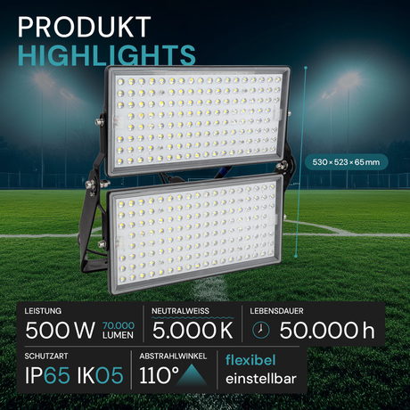 Stadion Fluter, 500 W, 5000 K (neutralweiß), 70000 lm, IP65, MOSO Treiber, hohe Energieeffizienz, Großflächenstrahler