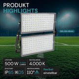 Stadion Fluter, 500 W, 4000 K (neutralweiß), 67500 lm, IP65, hohe Energieeffizienz, Großflächenstrahler