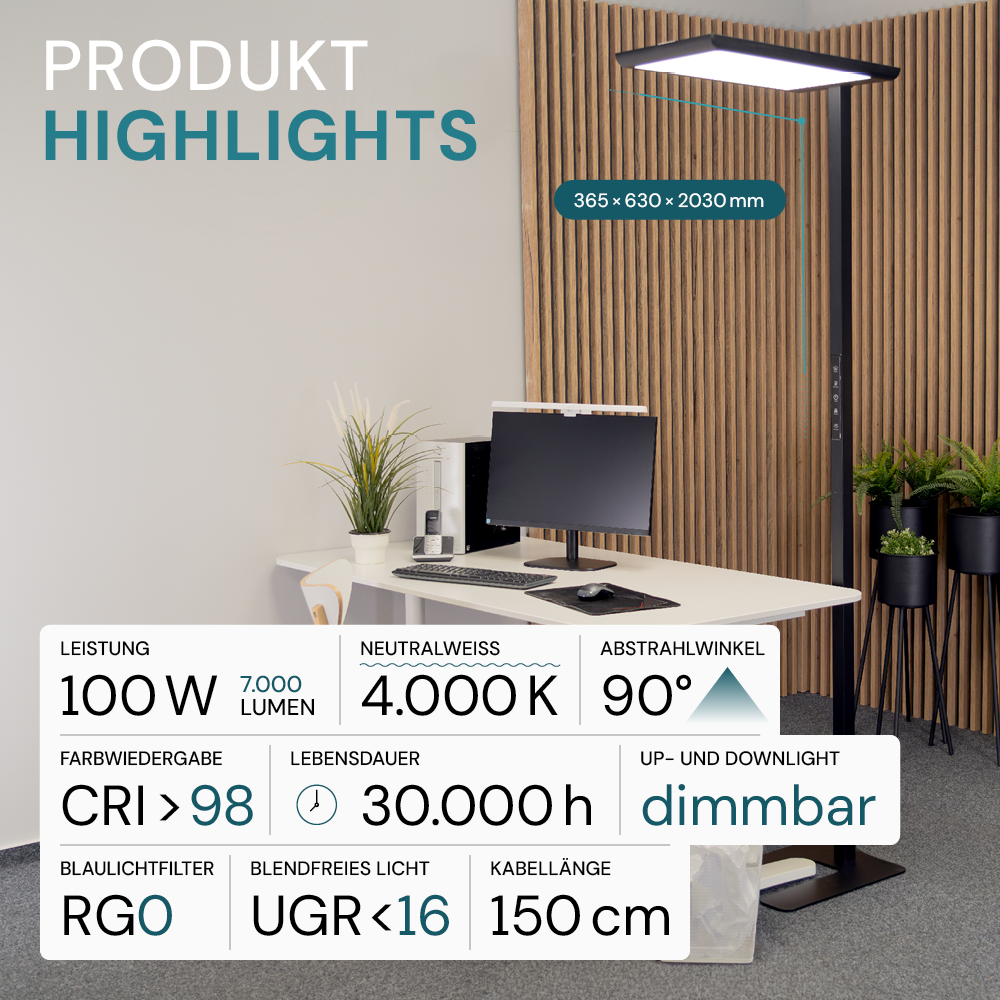 LED Büro-Stehleuchte, Up/Down, in Schwarz, 100 W, 7000 lm, 4000 K (neutralweiß), UGR<16, CRI98, dimmbar, RG0, Bridgelux LED, Arbeitsplatzleuchte