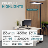 LED Büro-Stehleuchte, Up/Down, in Schwarz, 100 W, 7000 lm, 4000 K (neutralweiß), UGR<16, CRI98, dimmbar, RG0, Bridgelux LED, Arbeitsplatzleuchte
