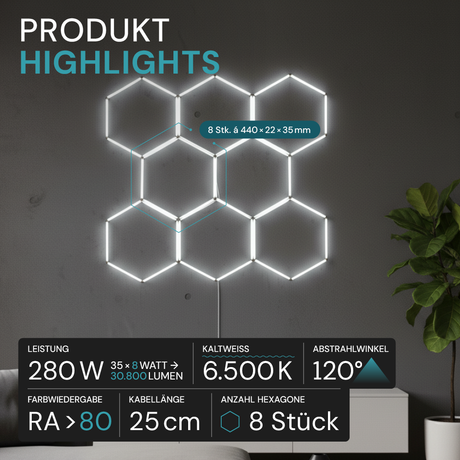 LED Deckenleuchte, HexaForm, 8er Set, 6500 K (kaltweiß), Hexagon Leuchte, Garagenlampe, Salon Beleuchtung