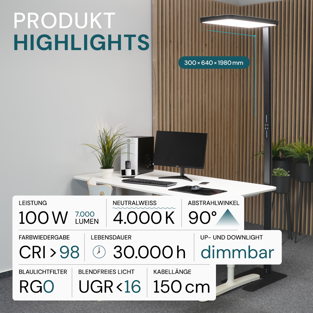 LED Büro-Stehleuchte, Up/Down, in Schwarz, 100 W, 7000 lm, 4000 K (neutralweiß), UGR<16, CRI98, dimmbar, RG0, Bridgelux LED