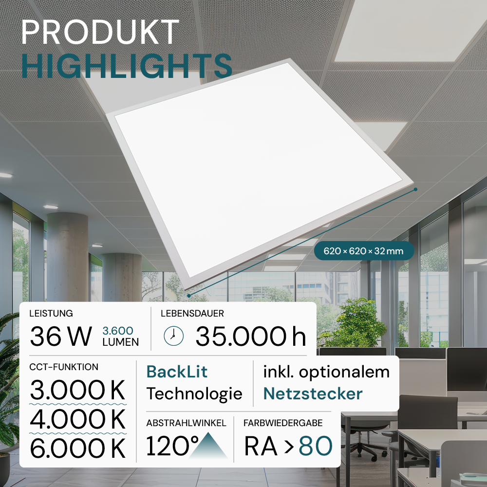 4er Pack LED-Panel mit Farbtemperaturwechsel CCT, 3000-6000 K, 62x62 cm, Back-lit, 36W, 3600 lm