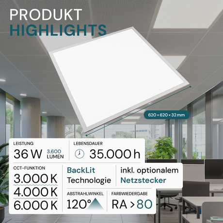 4er Pack LED-Panel mit Farbtemperaturwechsel CCT, 3000-6000 K, 62x62 cm, Back-lit, 36W, 3600 lm