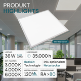 6er Pack LED-Panel mit Farbtemperaturwechsel CCT, 3000-6000 K, 62x62 cm, Back-lit, 36W, 3600 lm