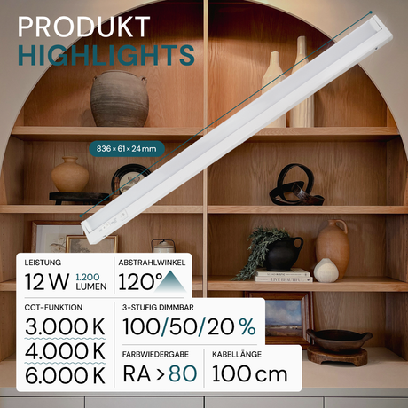 LED-Unterbauleuchte, schwenkbar, mit Schalter, 84 cm, 12 W, 1200 lm, einstellbare Lichtfarbe, dimmbar, erweiterbar, Küchen- und Schrankbeleuchtung