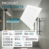 LED Einbauleuchte in Weiß, 6 W, 230 V, IP44-geschützt, 600 lm, Lichtfarbe einstellbar, 119x26 mm, Einbaustrahler mit Diffusor, Badezimmer Deckenleuchte