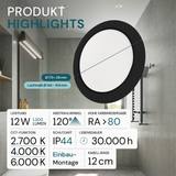 LED Einbauleuchte in Schwarz, 12 W, 230 V, IP44-geschützt, 1200 lm, Lichtfarbe einstellbar, Ø173x26 mm, Einbaustrahler mit Diffusor, Badezimmer Deckenleuchte