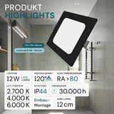 LED Einbauleuchte in Schwarz, 12 W, 230 V, IP44-geschützt, 1200 lm, Lichtfarbe einstellbar, 173x26 mm, Einbaustrahler mit Diffusor, Badezimmer Deckenleuchte
