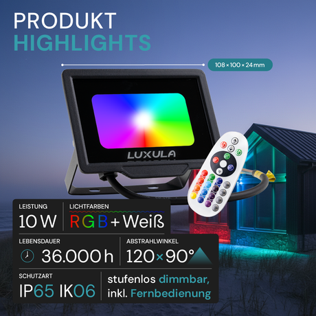 RGB LED-Fluter, 10 W, schwarz, IP65, mit Fernbedienung, RGBW-Farbwechsel